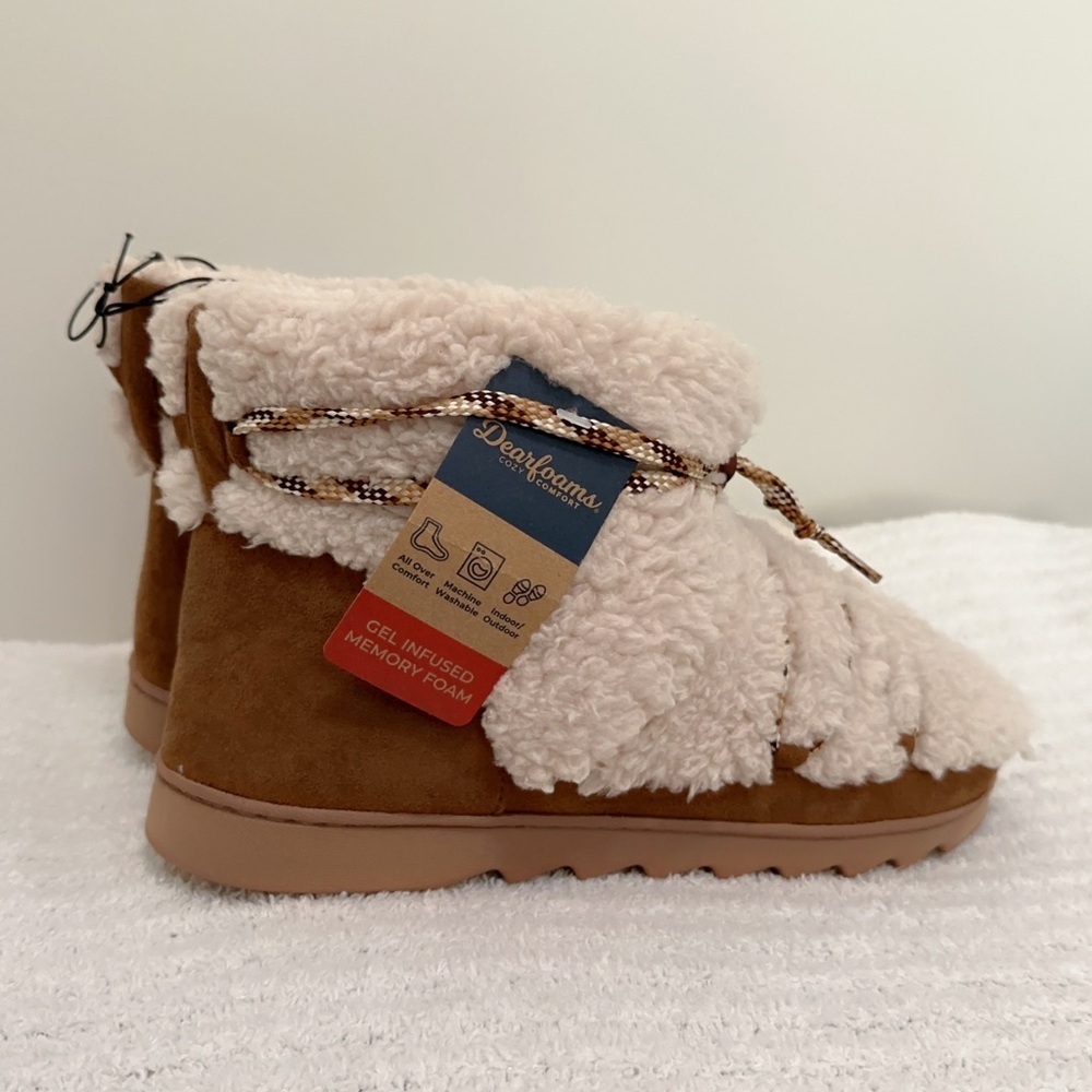 dearfoams Cream Sherpa Lace-Up Booties with Brown Suede Trim - Picture 7 of 12